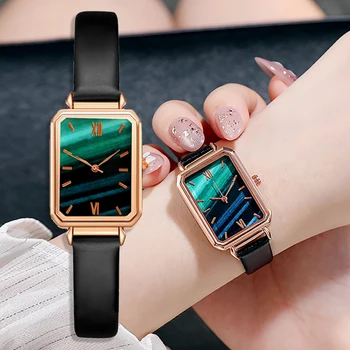 

2PCS /SET Fashion Square Women Leather Watch Contracted Crystal Bracelet Dress WristWatches Ladies Green Quartz Clock Relogio