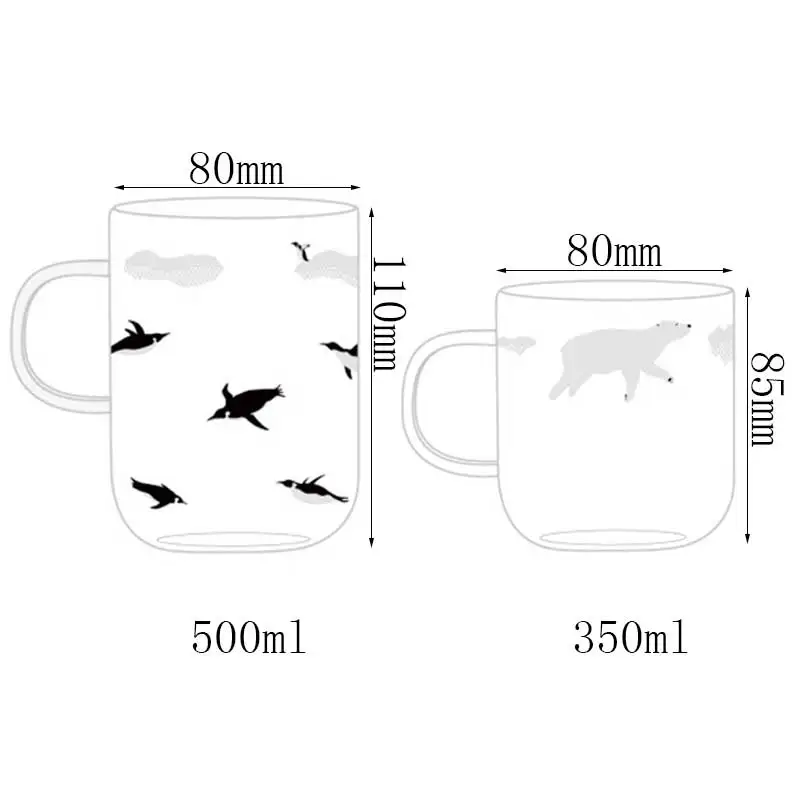 1 шт., прозрачная Милая стеклянная чашка с ручкой, полярный медведь, пингвин, кофейная кружка для дома и офиса, чашка для молока, сока, чая, стакан для питья 350/500 мл