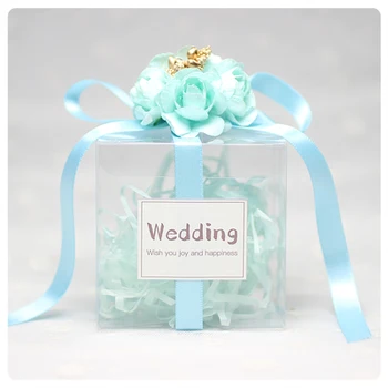 

100pcs Blue Flower Wedding Candy Gift Box PVC Transparent Party Candy Bags Clear Square Chocolate Boxes 7x7x7cm free shipping