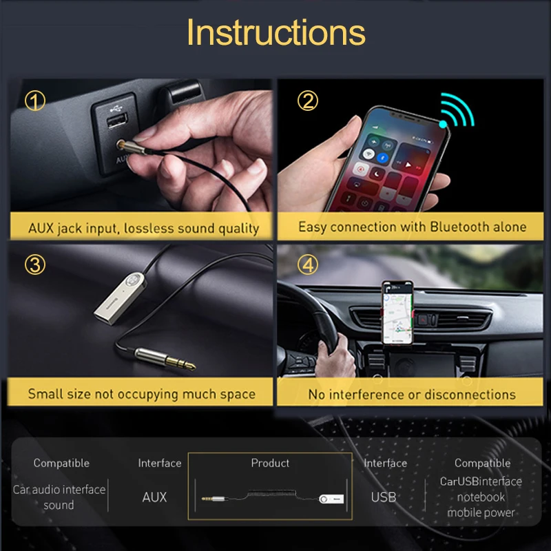 Baseus Aux Bluetooth Adapter For Car 3.5mm Jack USB Bluetooth 5.0 Receiver  Speaker Auto Handfree Car Kit Audio Music Transmitter