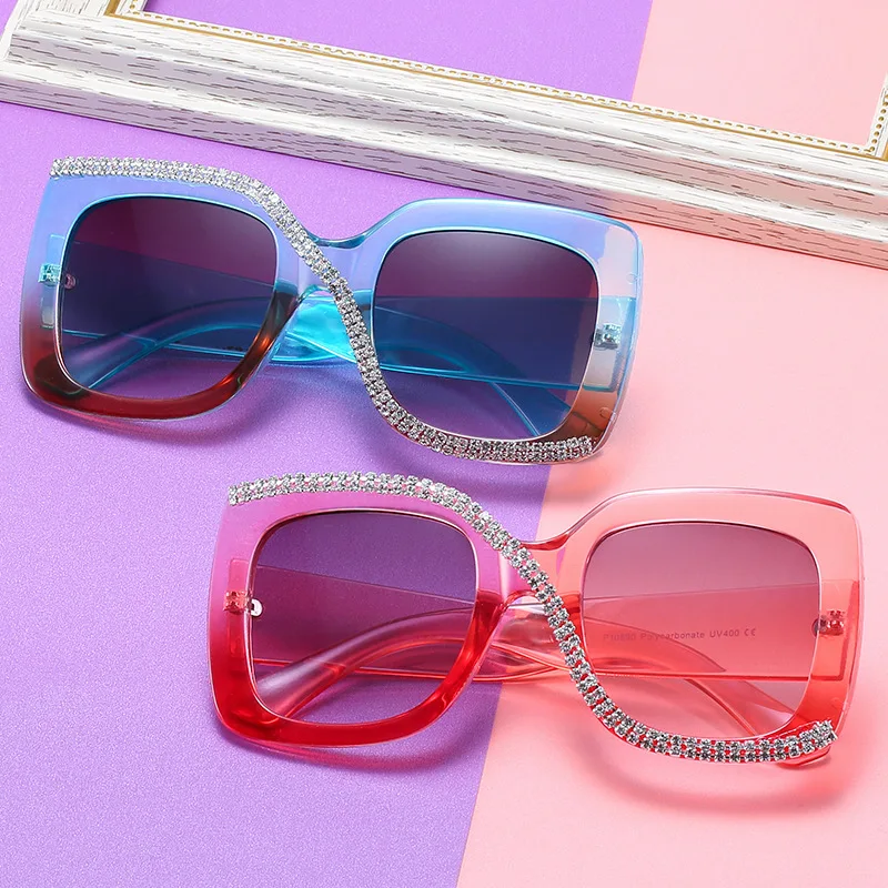 Green Orange Diamond-inset Square Sunglasses Women Vintage Pink Glasses Men Designer Shades Colored Lenses New Trends 2021 Vogue |