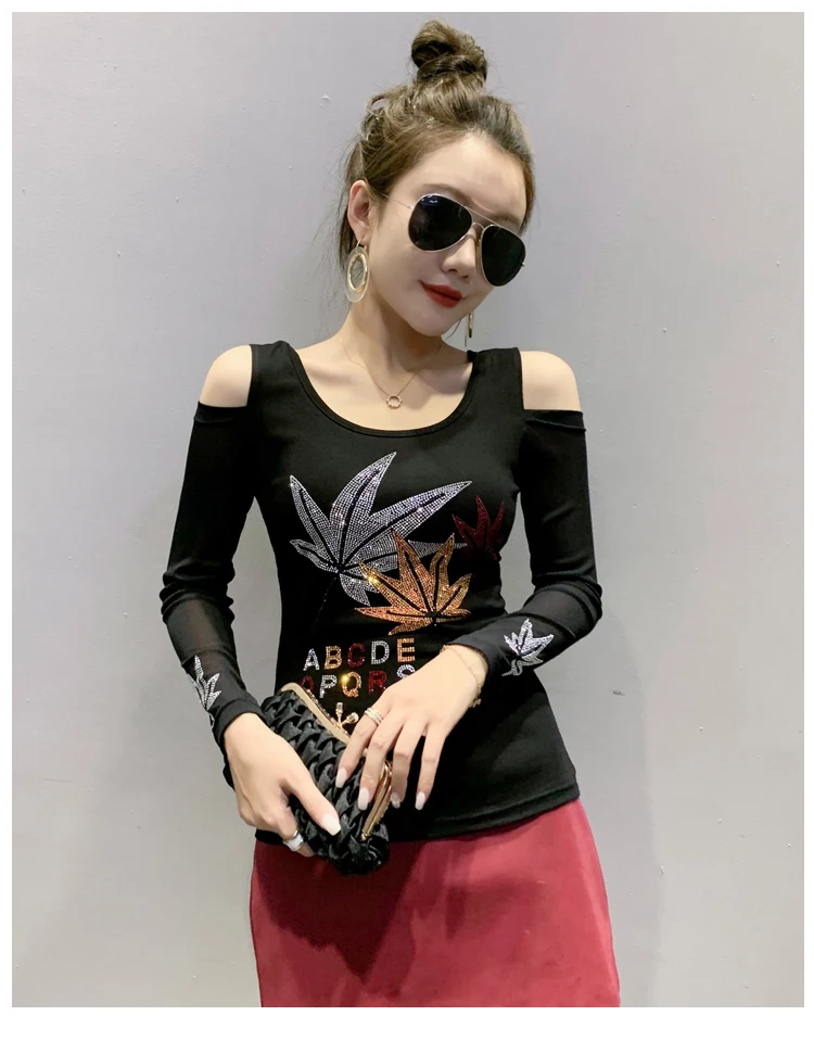 2020 Autumn long sleeve women t-shirt Sexy off the shoulder hot drilling women tops and shirt plus size women clothing