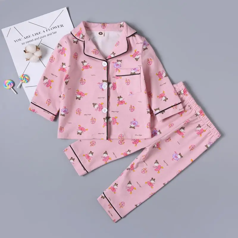 

Spring And Autumn CHILDREN'S Pajamas Girls Pure Cotton Long-sleeved Cardigan Small CHILDREN'S Children Big Kid Fold-down Collar