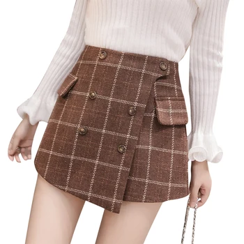 

Vintage england style winter shorts women 2019 autumn thicken woolen plaid shorts skirts buttons pockets irregular booty shorts