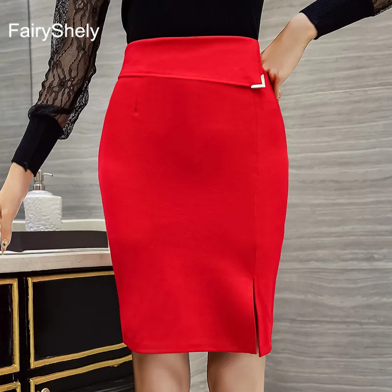 Женская юбка карандаш FariyShely красная черная короткая до колена с высокой талией и