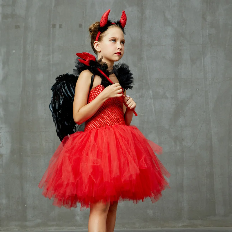 Girls Red Devil Halloween Tutu Dress with Hors Wings Pitchfork Crimson Demon Kids Fancy Dress Up Carnival Party Dress Costume (6)