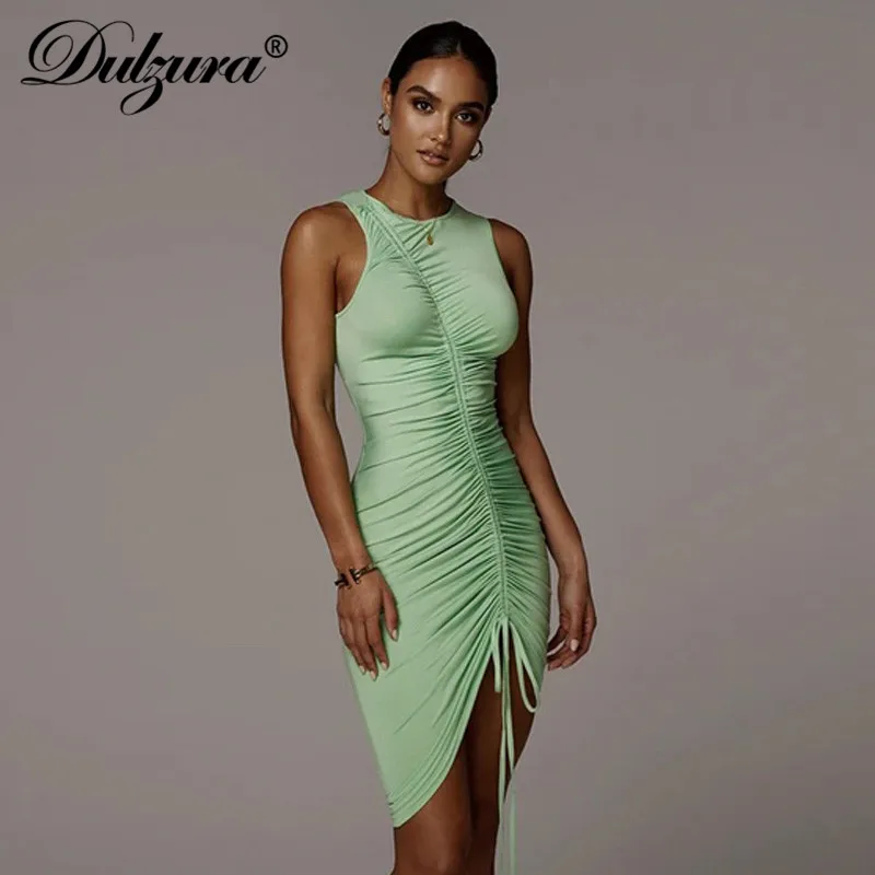 Dulzura drawstring ruched women mini dress sleeveless bodycon bandage ssexy party elegant 2020 summer clothes outfit slim club|Dresses| - AliExpress