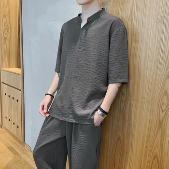 

Solid Summer T Shirt Men Set Vintage Loose Fashion Plus Size Korean Streetwear Top Camisetas Hombre Casual Stylish Tshirt KK60DX