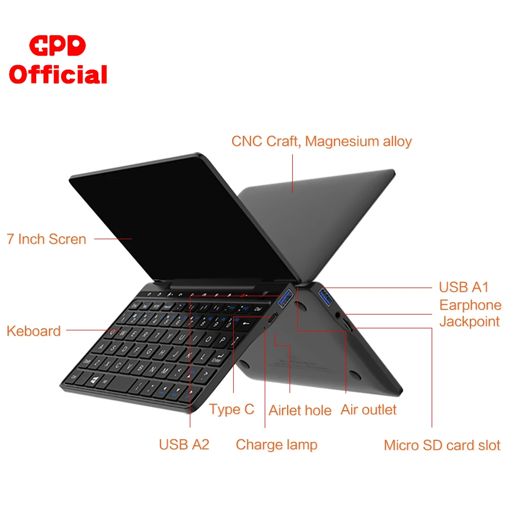GPD Pocket 2 Pocket2 8GB 256GB 7 Inch Touch Screen Mini PC Pocket Laptop Notebook CPU Intel Celeron 3965Y Windows 10 System