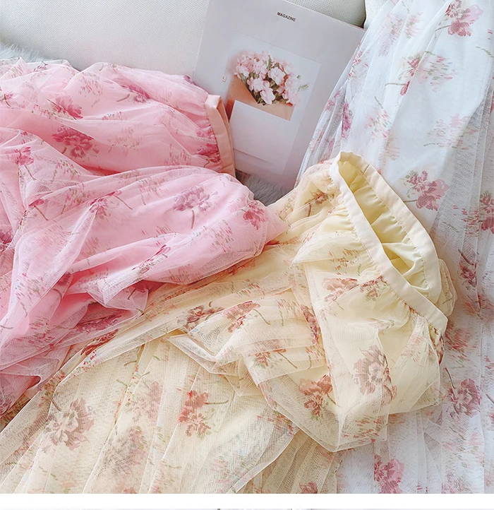 Женская длинная юбка из тюля с цветочным рисунком SURMIITRO, розово-белого цвета, элегантная юбка-макси со складками и высокой талией в корейском стиле для женщин