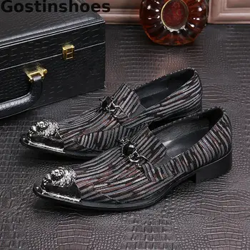 

Vintage Style Men Shoes Striped Cow Suede Casual Leather Shoes Metal Capped Toe Slip-on Pointed Men Loafers Low Heel Rubber Sole