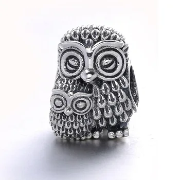

New Real 925 Sterling Silver Beads Charms Retro Parent-Child Owl Charm Fit Original Pan Bracelet Necklace For Women DIY Jewelry