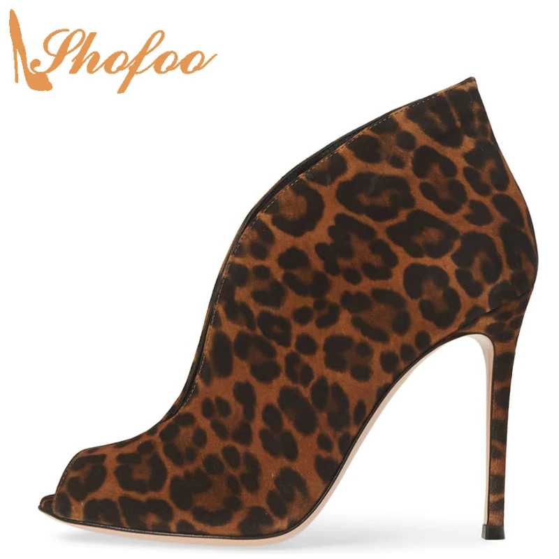 Shofoo – bottines léopard à talons hauts et fins pour femme, bottines à  empeigne ouverte, grande taille 11 15, chaussures stiletto à la mode |  AliExpress