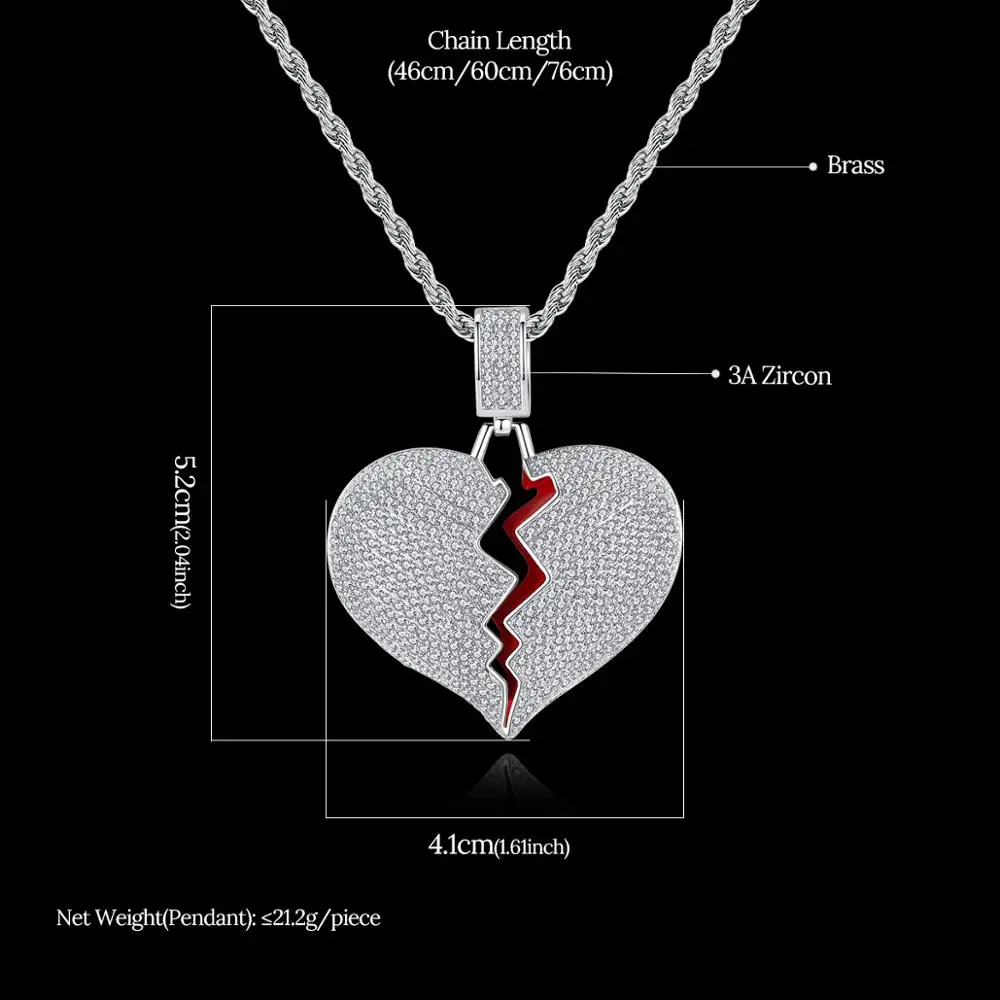 JINSE красное масляное ожерелье с разбитым сердцем и подвеской серебряного цвета из кубического циркония, Очаровательное ожерелье для мужчин и женщин, ювелирные изделия в стиле хип-хоп, подарок