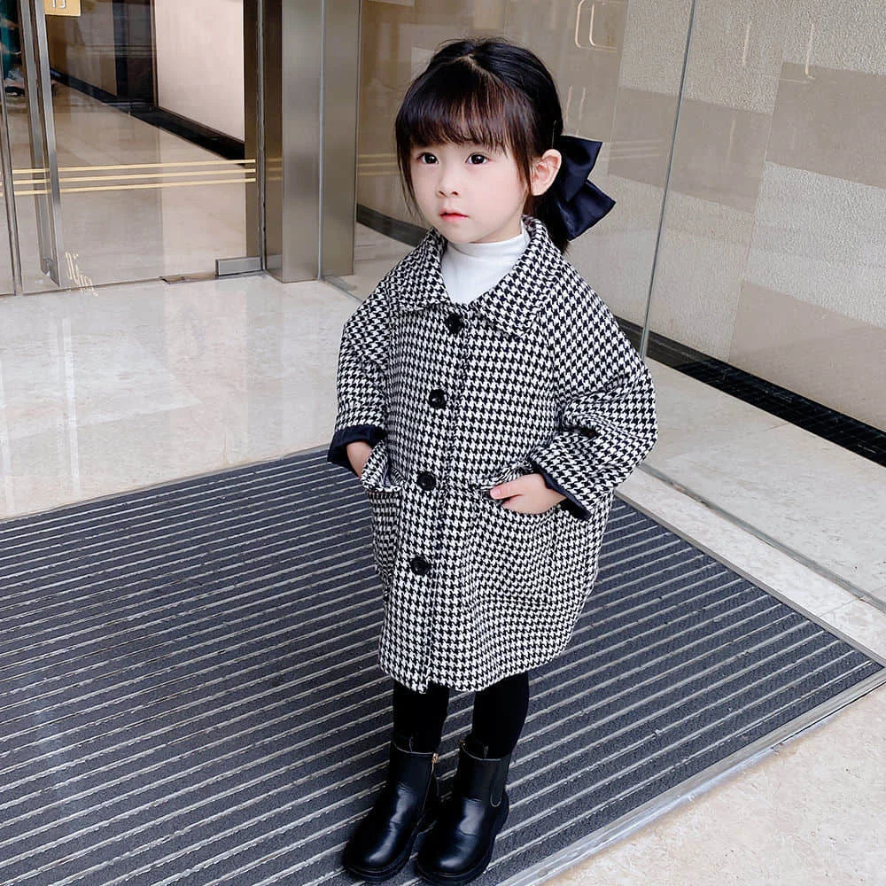 

Girls' woolen coat for fall/winter mid-length Korean style Western-style plaid coat for small and medium-sized children's fashio
