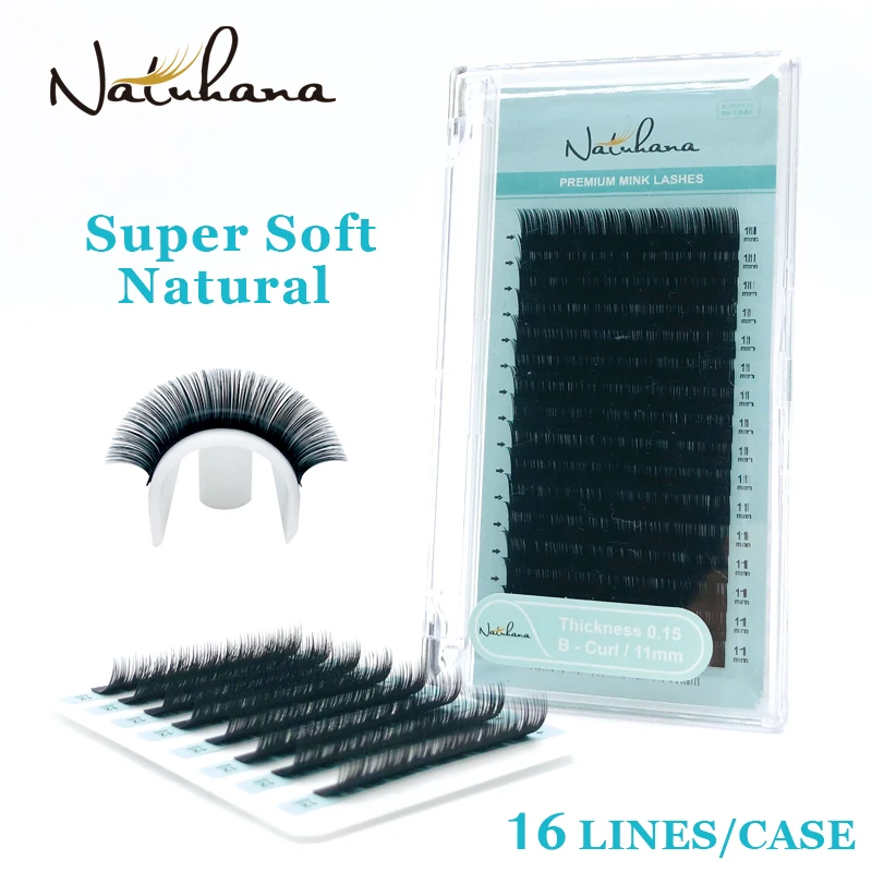 NATUHANA-pestañas falsas visón natural y seda, pestañas artificiales individuales premium, de China,16 filas de extensiones de pestañas postizas de curvaturas B, C o D