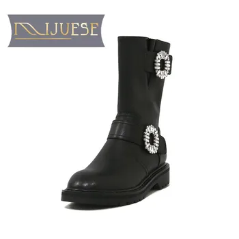 

MLJUESE 2021 women Ankle boots Cow leather Winter short plush Round Toe Crystal Zipper Med heels female Riding boots size 40