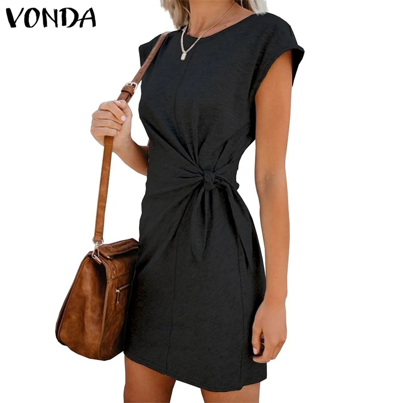 VONDA женское платье, повседневное мини-платье с круглым вырезом и коротким рукавом, пляжные платья, летний сарафан с поясом