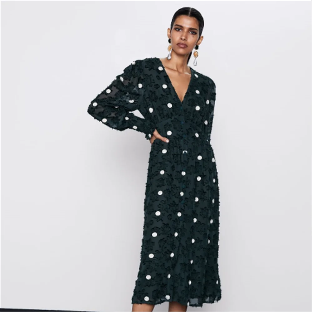 Женское шифоновое платье в горошек ZA богемное текстурированное с длинным