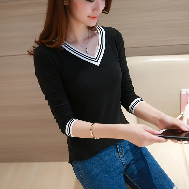 T-shirt 2019 Mulheres Casual T-Shirts de Manga Comprida Tee Top cor Pura Camisas Com Decote Em V Tops | Женская одежда