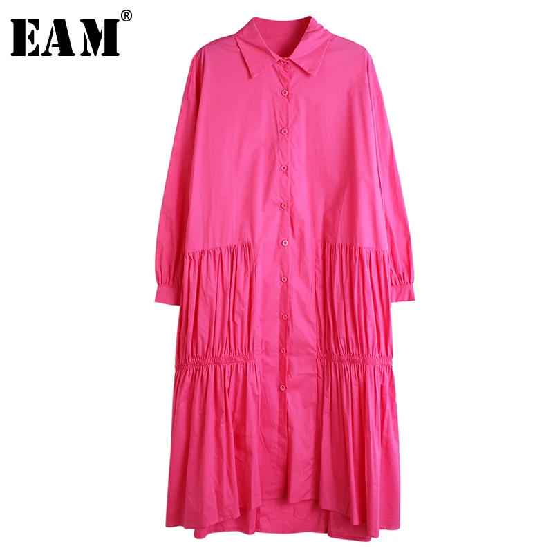 

[EAM] Women Side Pleated Drawstring Big Size Shirt Dress New Lapel Long Sleeve Loose Fit Fashion Tide Spring Autumn 2020 1R525