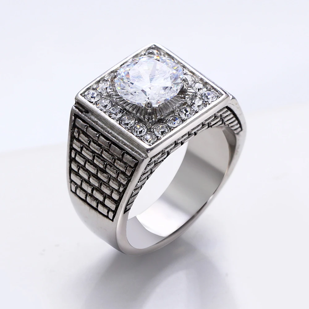 

316l Stainless Steel Ring for Men Square Design Round Zircon High Polish Steels Jewellery Man Male Titanium Jewelry