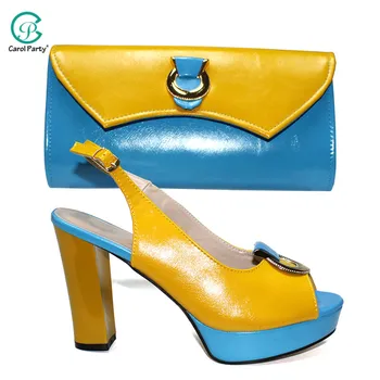 

High Quality Blue and Yellow Colorful African Italian Designer Shoes And Bag Set To Match Party Shoes With Matching Bags Set