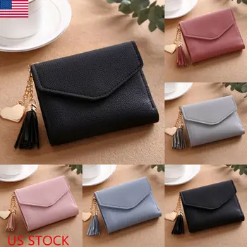 

Leather Trifold Wallets Fashion Heart Tassel Womens Cute Short Wallets Multifunction Solid Color Wallets Ladies Simple Wallets