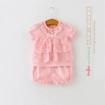 

2020 baby clothing cotton summer girl pink lace 2-piece set
