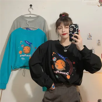 

Space Planet Printed Drawstring Sweatshirt Women Tops Autumn Korean Cartoon Printed Women's Base Long Sleeve Tops