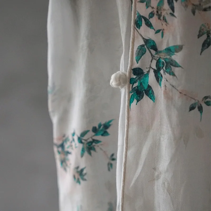 Johnature Women Chinese Style Cheongsam High Quality Vintage Print Floral Dress Autumn New Button Ramie Women Cloths Dress
