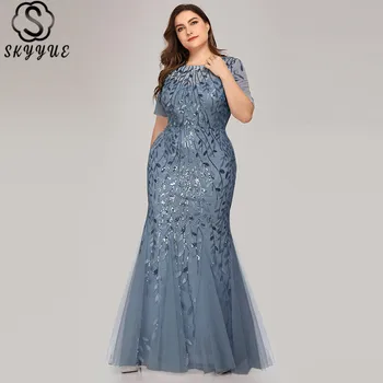

Skyyue Evening Dresses 2019 Short Sleeve Robe De Soiree Plus Size O-Neck Sequined Women Party Dresses Long Formal Gowns C545