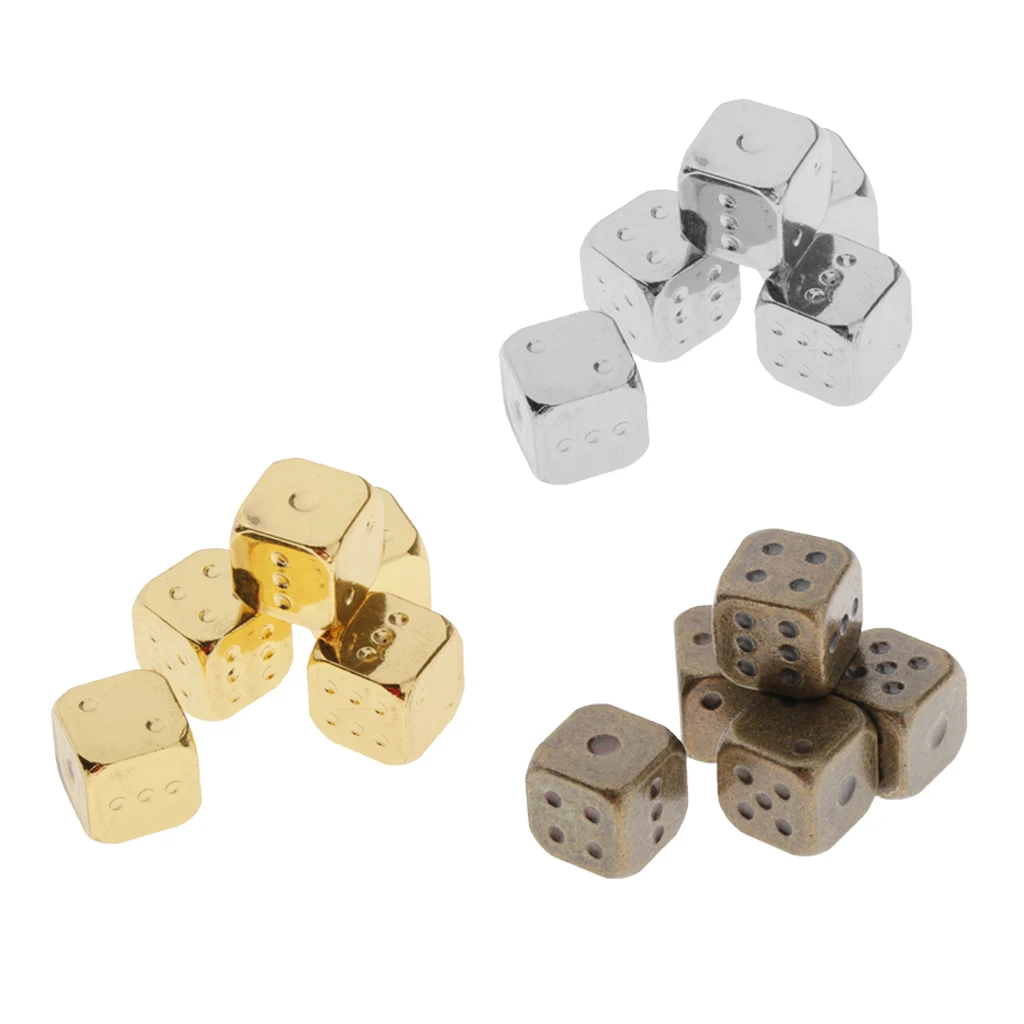 5 Pcs 6 Sided Dice Set Metal Tone Colors Dice with Gold Pips Round Corner Dice Role Playing Dice DIY Mahjong Accessories