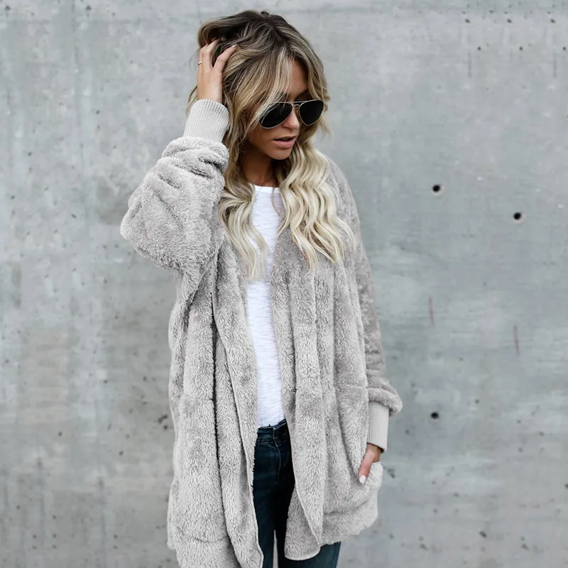 low cost  Winter Faux Fur Coats And Jackets Women Fashion Hooded Solid long Cardigan Casual Female Jackets Pl