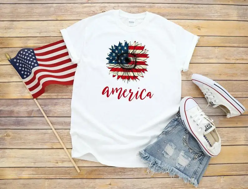 

America Sunflower Flag 4th Of July Patriotic USA Shirt Short Sleeve 100% Cotton Top Tee O Neck Unisex Streetwear Drop shipping