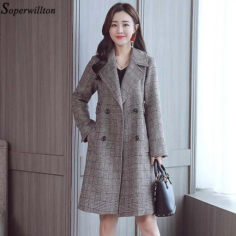 

Wool Blend Coat Female Plaid 2019 Winter Long Sleeve Double Breasted Office Elegant Lady Jacket Trench Abrigos mujer Plus Size