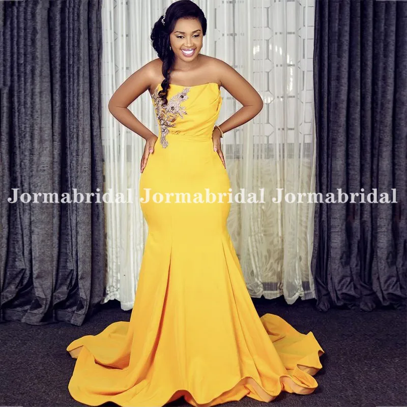 

Gold Yellow Mermaid Evening Gowns Strapless Crystal Beaded Prom Dress Elegant Stretch Satin Wedding Celebrity Party Dresses