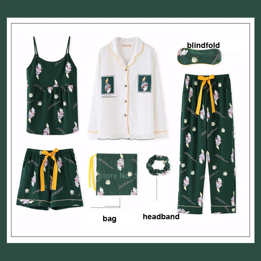 Пижамный комплект женский из 7 предметов хлопковая одежда для сна в Корейском