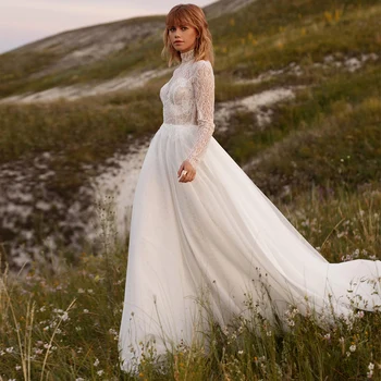 

Modest High Neck Long Sleeve Wedding Gowns 2020 Sweep Train Lace Applique A-line Bridal Dresses Custom Made