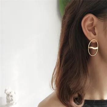 

POFUNUO 925 Sterling Silver Women Geometric Waving Chic Stud Earrings Girls New Korean Style 18K Gold Oval Circle Niche Earrings