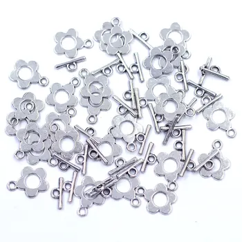 

20 Sets Toggle Clasps Fit Silver Tone Flower Shape For Charms Bracelets 16x20mm