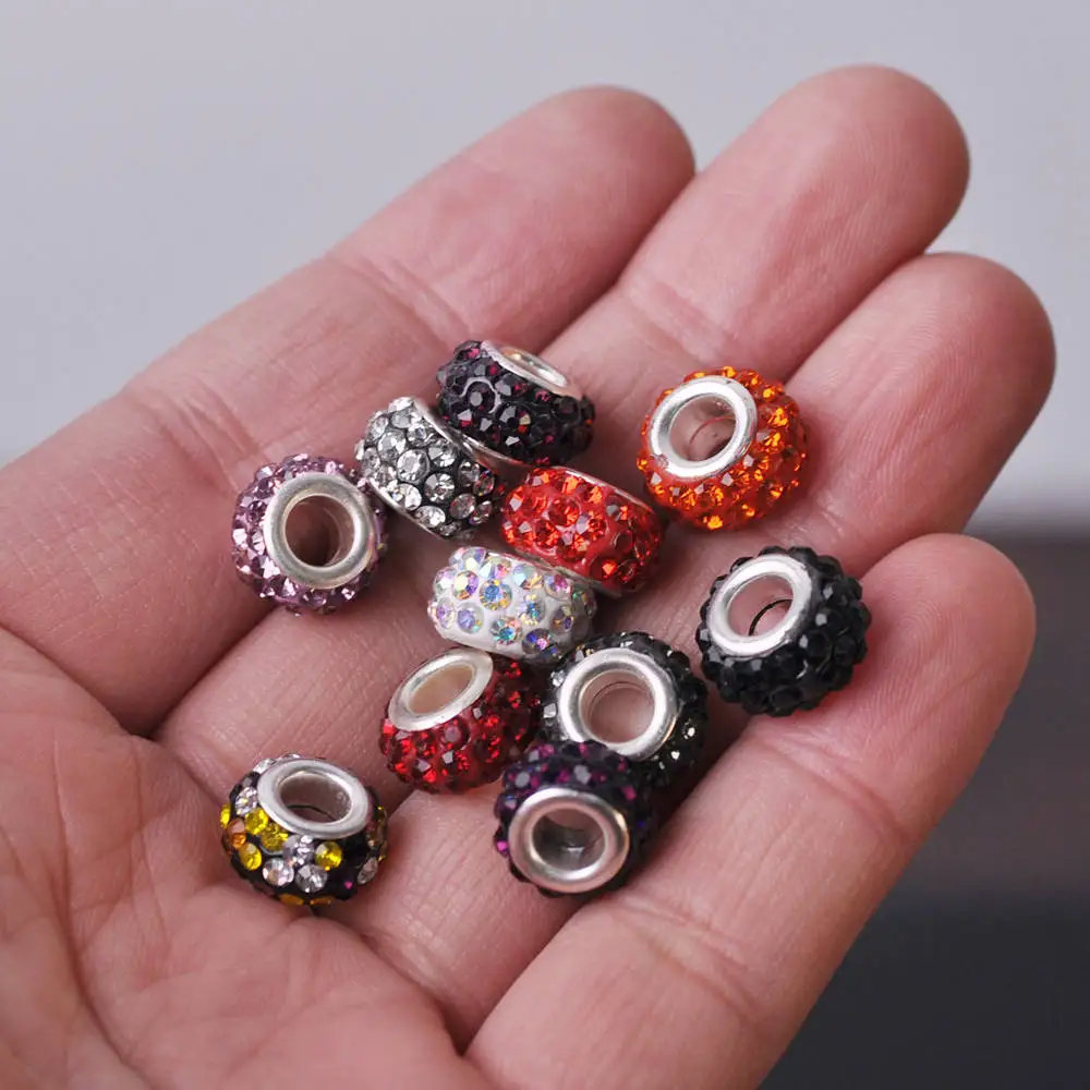 100pcs Large Hole Beads 13mm Rondelle Resin Rhinestone European Beads Loose  Spacer Beads For Bracelet DIY Jewelry Making