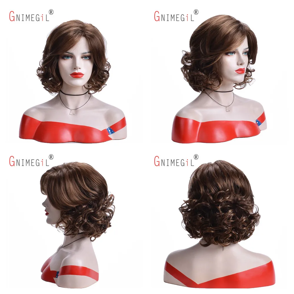 GNIMEGIL Short Synthetic Wigs for Women Glueless Brown Curly Wig with Bangs Natural Looking Mommy Wig Costume Family Party Hair GNIMEGIL Short Synthetic Wigs for Women Glueless Brown Curly Wig with Bangs Natural Looking Mommy Wig Costume Family Party Hair