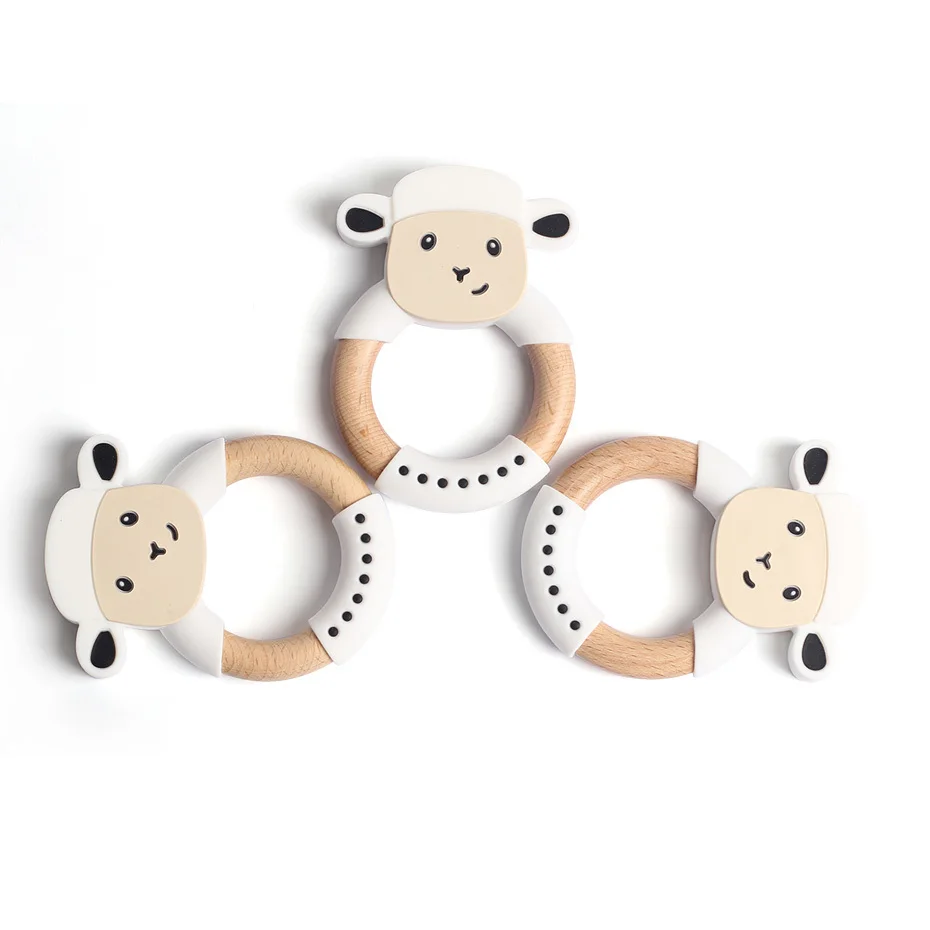 Silicone Sheep Elephant Beech Wooden Teether Wooden Teething Ring Cute Baby Rattles Teething Toy For Baby Nursing Pendant