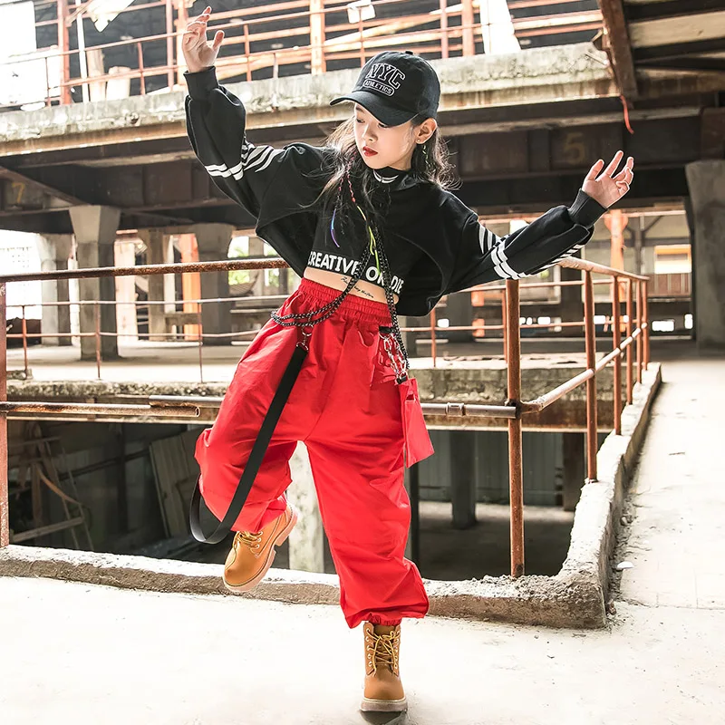 Hip Hop Clothing Girls Jazz Dance Costume Long Sleeve Black Tops Red Cargo Pants Kids Hip Hop Performance Wear Rave Clothes 5049