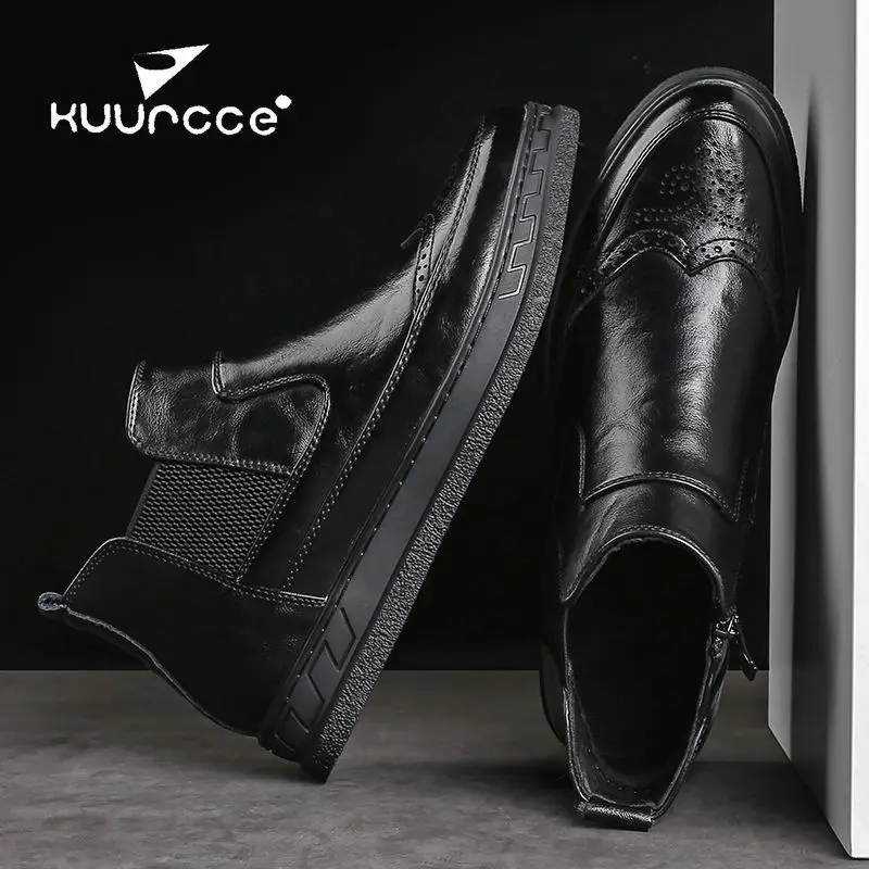 

Winter Genuine Leather Hight-top Leather Shoes Men Versatile Trend British Style plus Velvet Tactical Combat Boots Martin Leathe