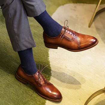 

2020 Free Shipping Men's Handmade Leather Oxford Shoes Closed Lacing Pointed Toe Insole with emulsion BL020-8