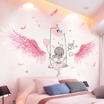 

Cartoon Girl Wall Stickers DIY Pink Feather Wing Mural Decals for Kids Rooms Baby Bedroom Home Decoration