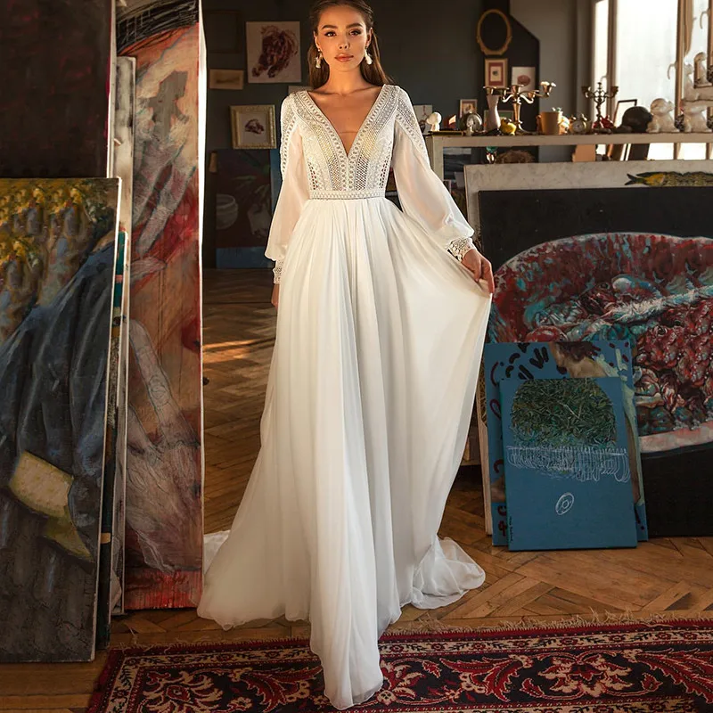 

Elegant Boho Wedding Dresses Chiffon Lace Wedding Gowns A Line Backless Bridal Dress Vintage Puff Sleeve Vestido de Noiva 2021