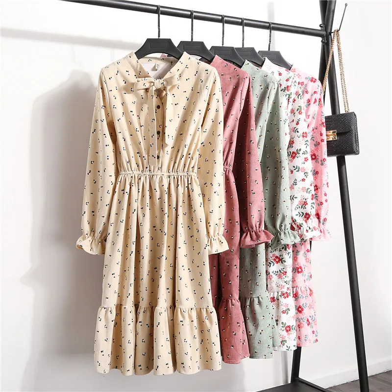 

10 Styles Vintage Corduroy Dress Long Sleeve Autumn Winter Print Bowtie Floral Dress Elegant Ruffle Buttons Ladies Dresses Women